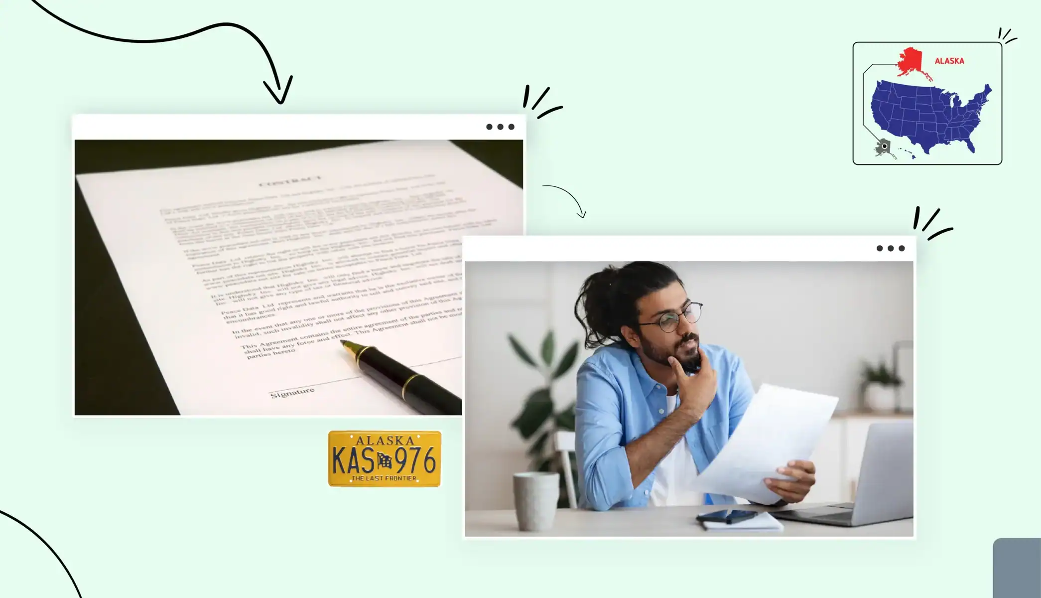 Man wearing glasses reviewing a document at his desk in Alaska