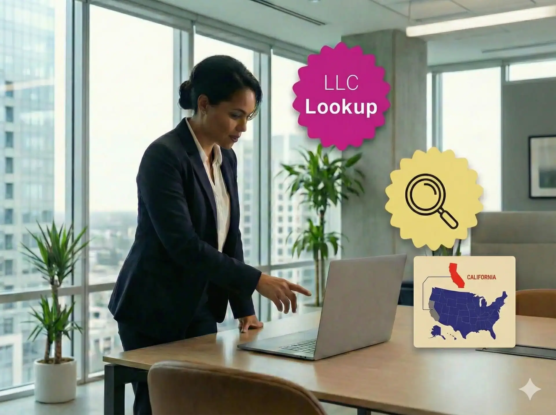 A woman in a suit standing in an office looking at a laptop screen in California California state map