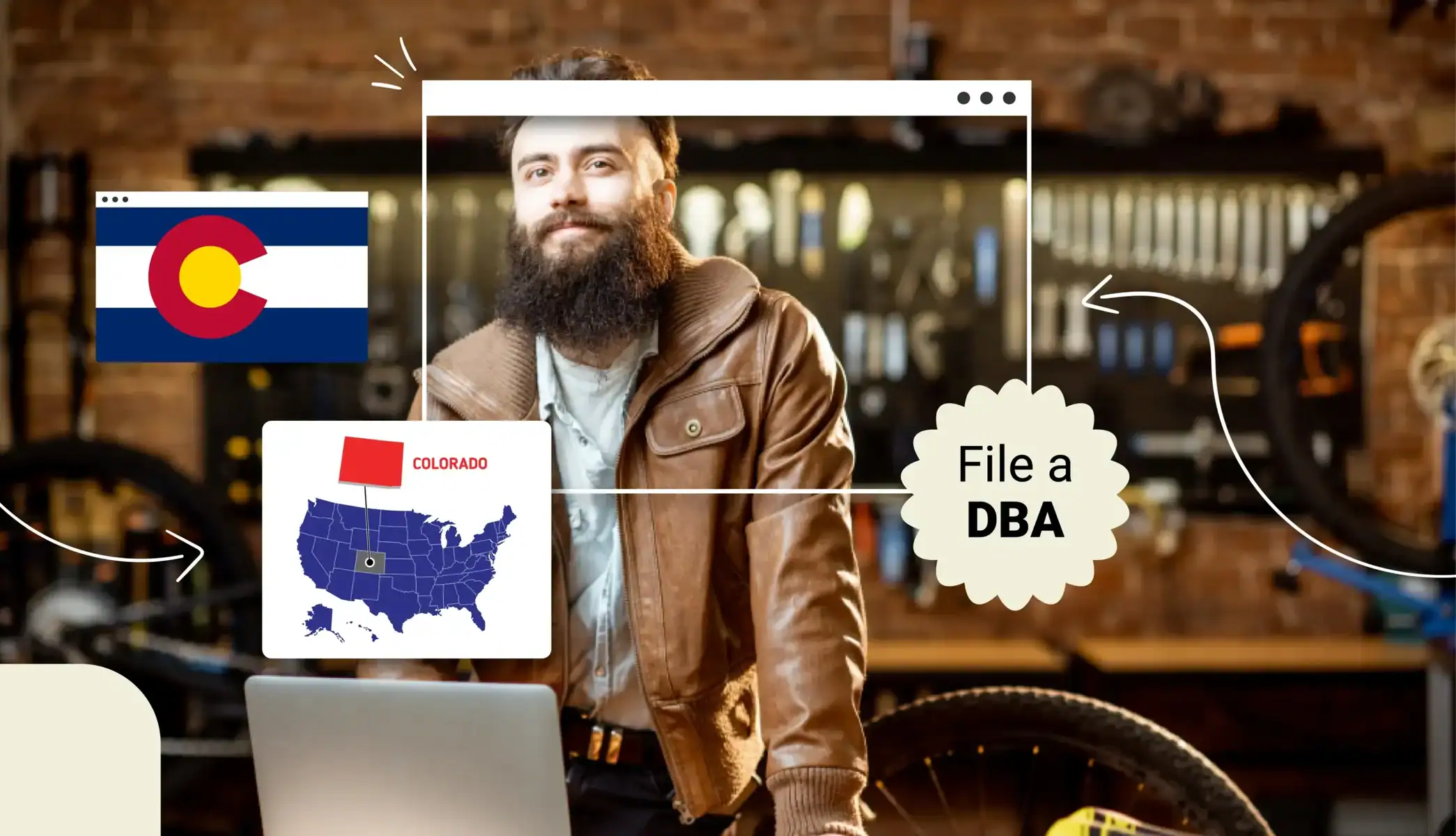 Man standing in a bicycle repair shop with a wall of tools behind him in Colorado