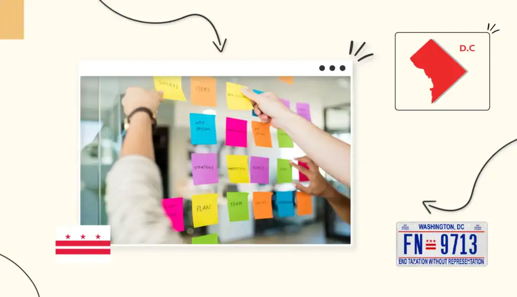 A clear board covered in colorful sticky notes about business ideas in Washington DC