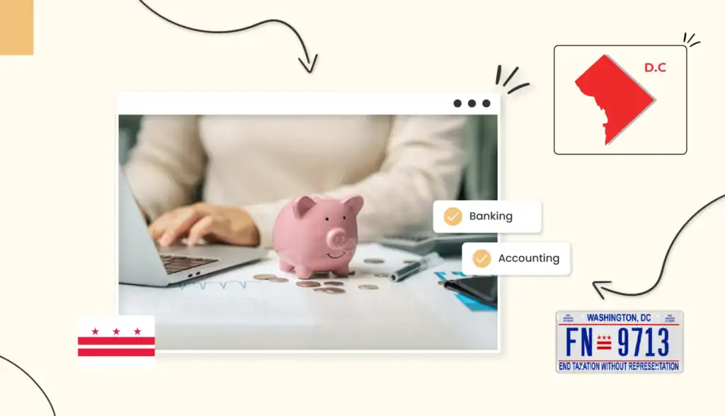 A pink piggy bank with coins around it and a small business owner in the background on a laptop in Washington DC