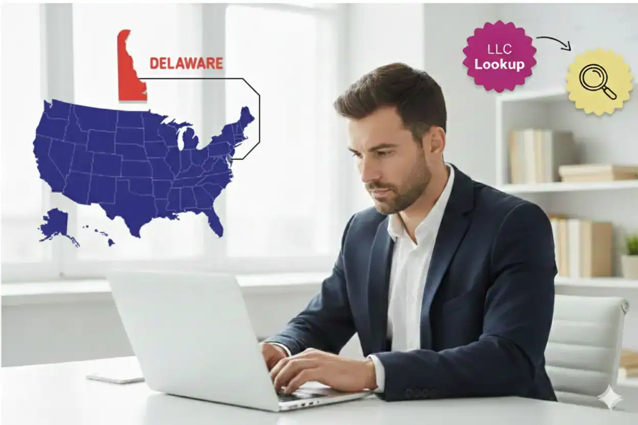 Man in suit typing on a laptop Delaware state map