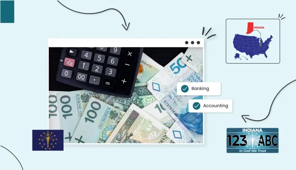 A calculator surrounded by various amounts of paper money in Indiana