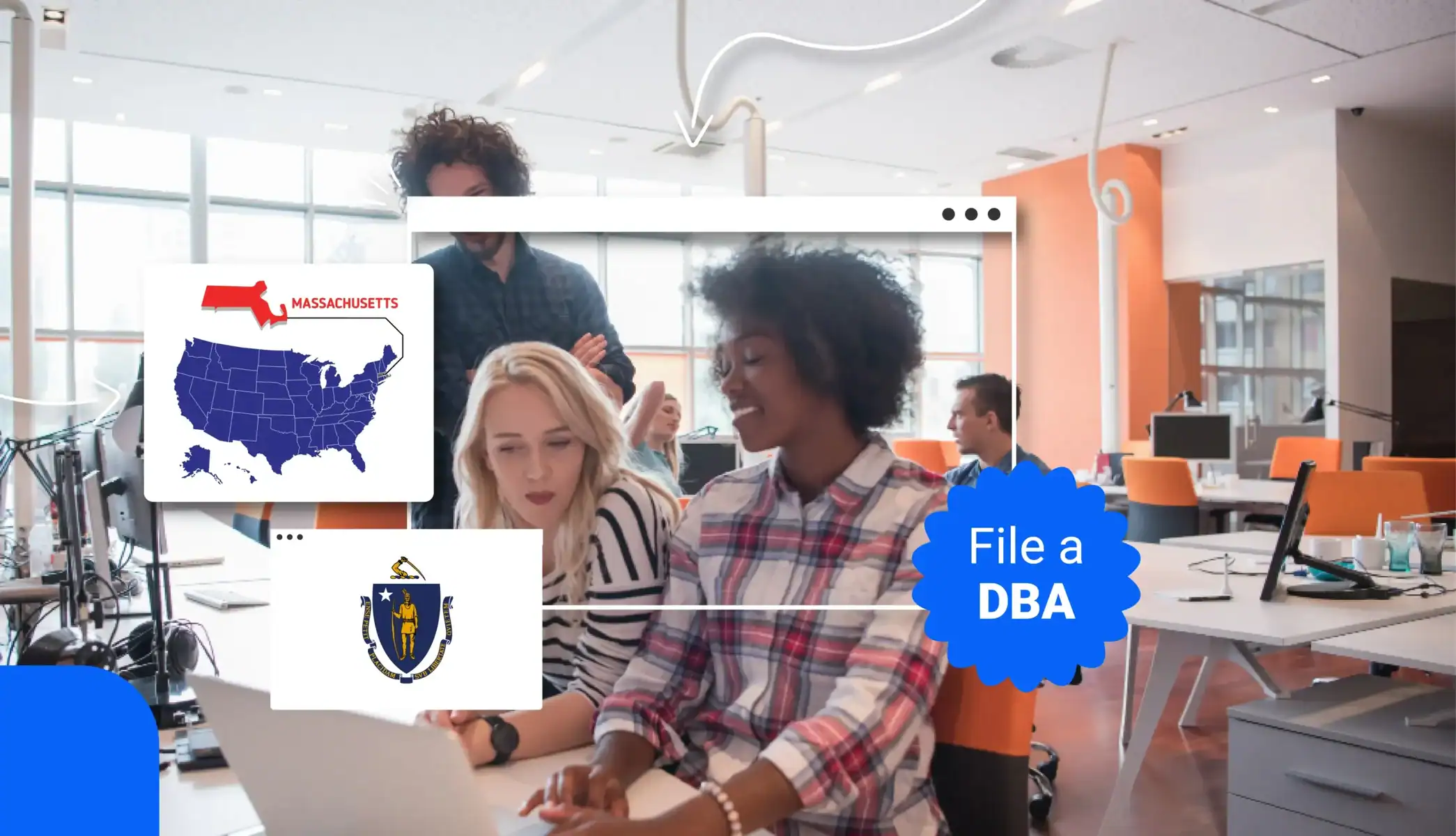 A group of small business owners looking at a computer screen in Massachusetts