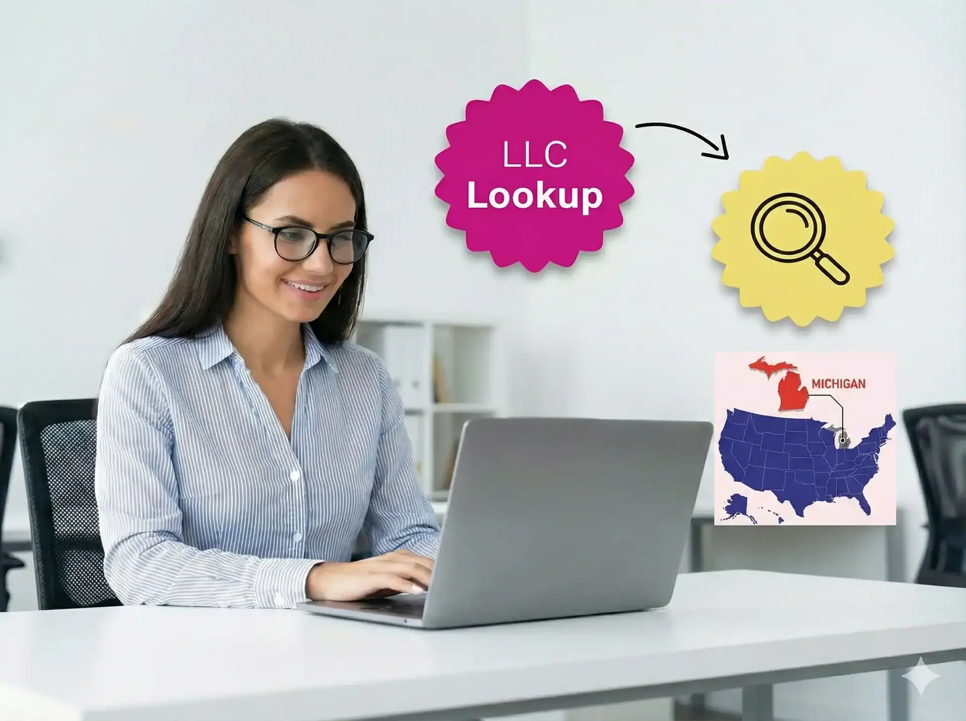 Woman in a button down shirt typing on a laptop Michigan state map