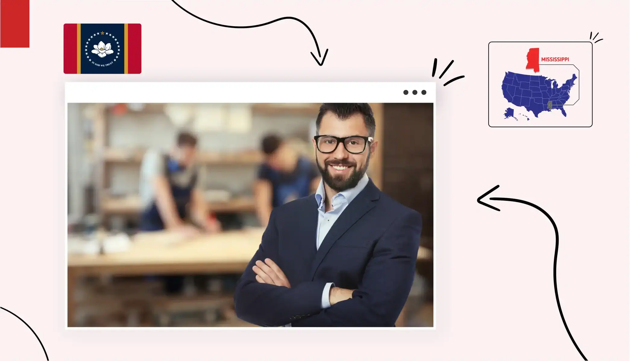 Small business owner in a suit smiling with his arms crossed in Mississippi