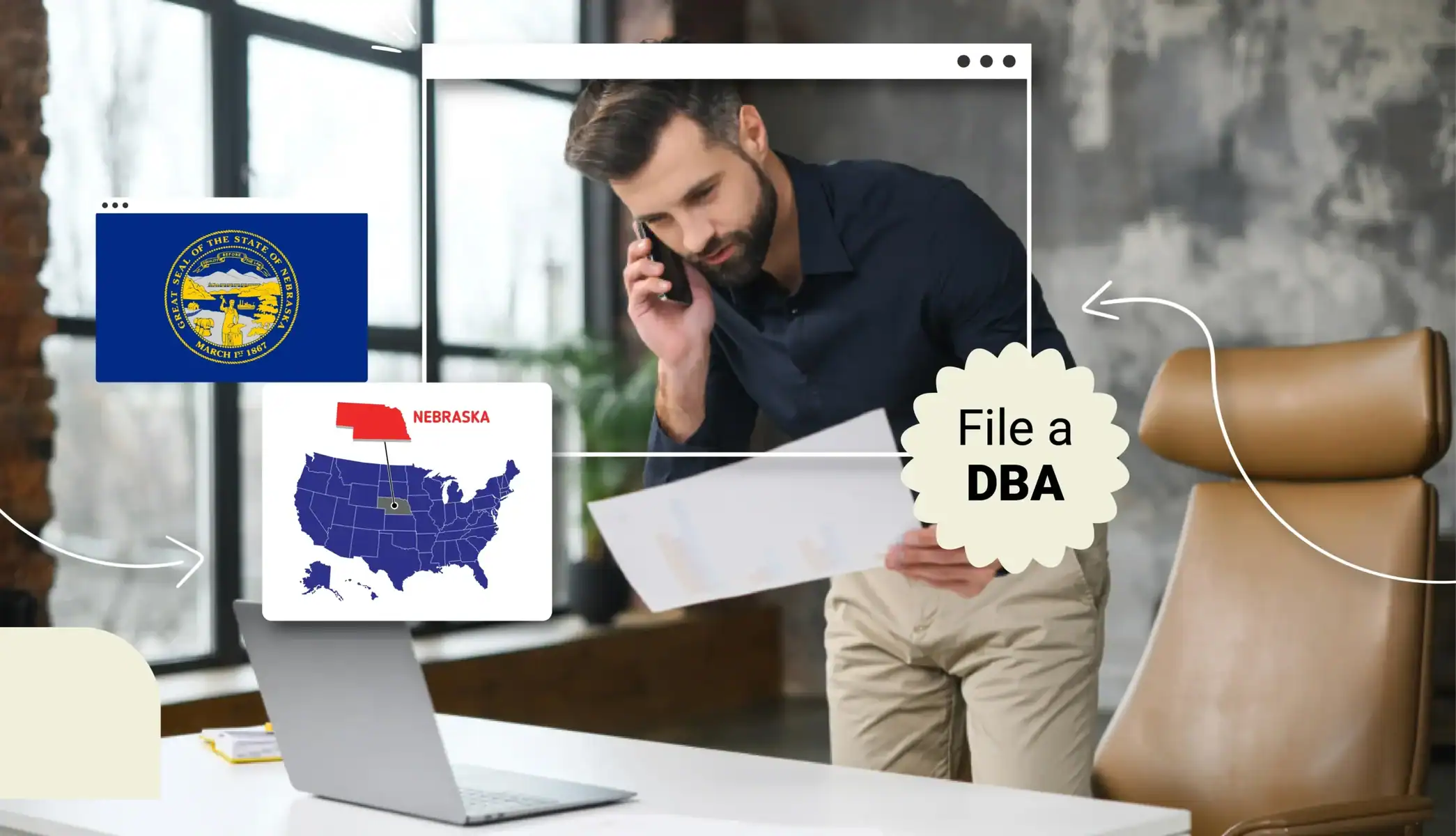 Man on the phone while looking at a piece of paper in front of a computer monitor in Nebraska