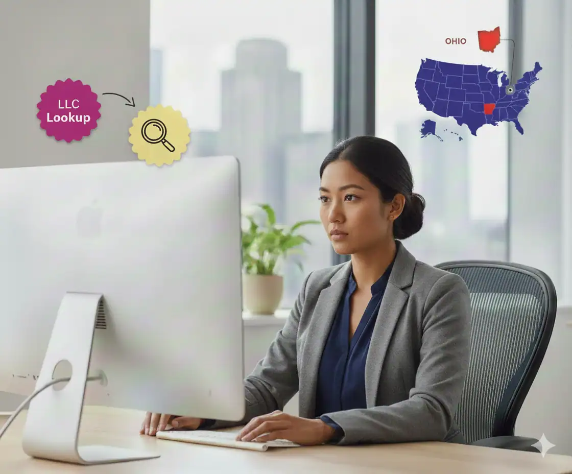 Woman in a blazer sitting at an office desk looking at a computer screen Ohio state map