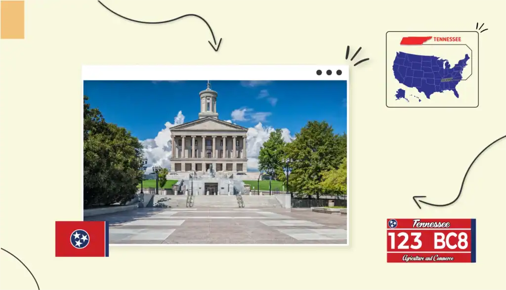 Front view of the Tennessee State Capitol in Nashville, a neoclassical stone building with tall columns and a central cupola, seen from the broad plaza and steps below, framed by green trees under a bright blue sky with clouds