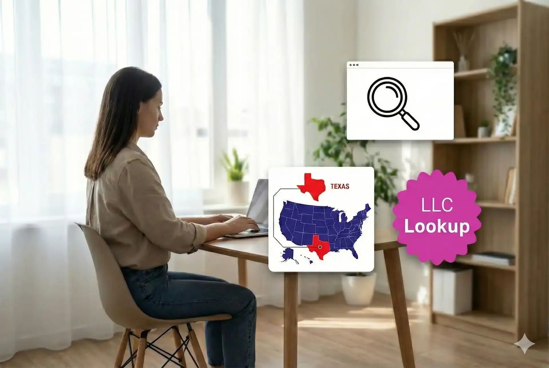 A woman sitting at a laptop looking up an LLC in Texas Texas state map