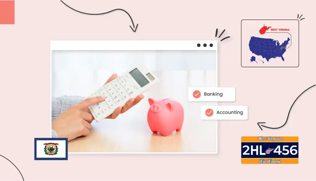 A person holding a calculator in their hands next to a small pink piggy-bank in West Virginia