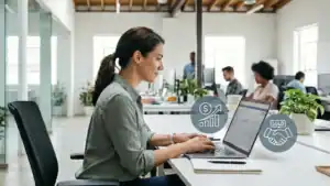 Woman at a laptop getting a valuation for her small online business