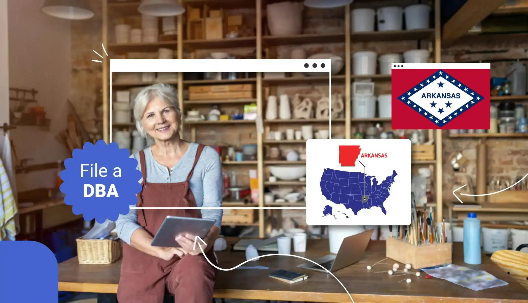 Small business owner in a pottery studio in Arkansas