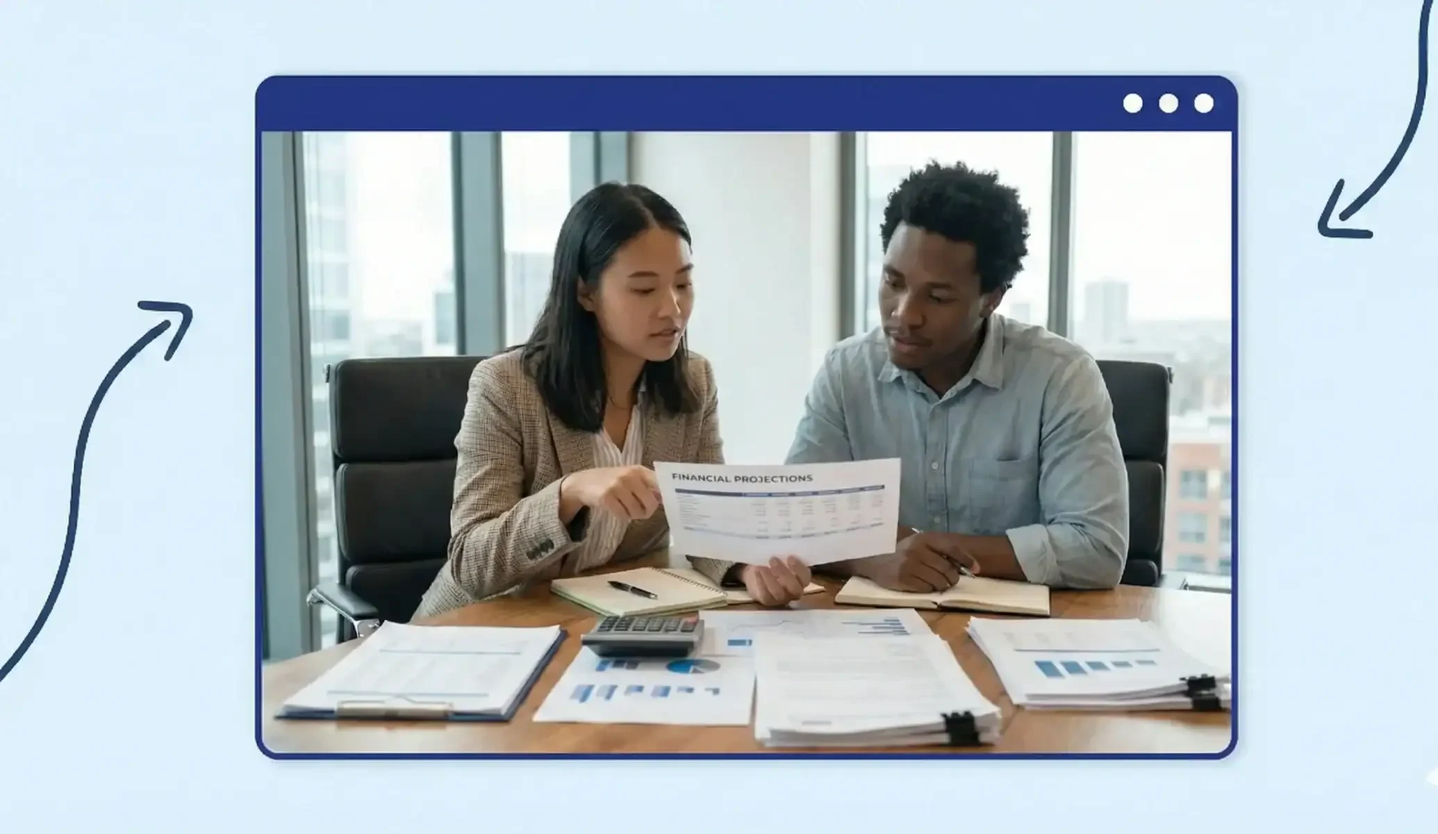 A man and a woman reviewing a document. On the desk is various pieces of paper and a calculator