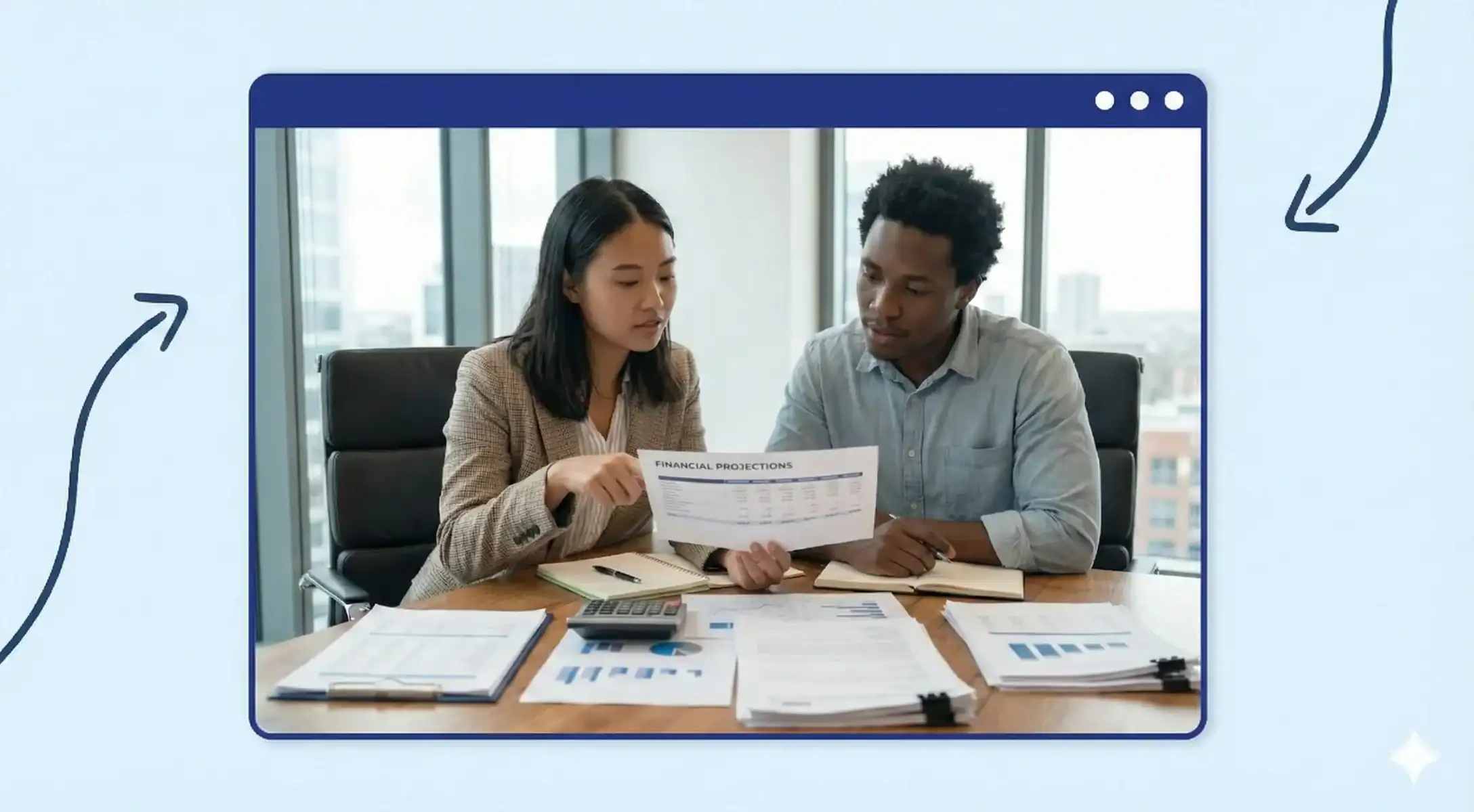 A man and a woman reviewing a document. On the desk is various pieces of paper and a calculator