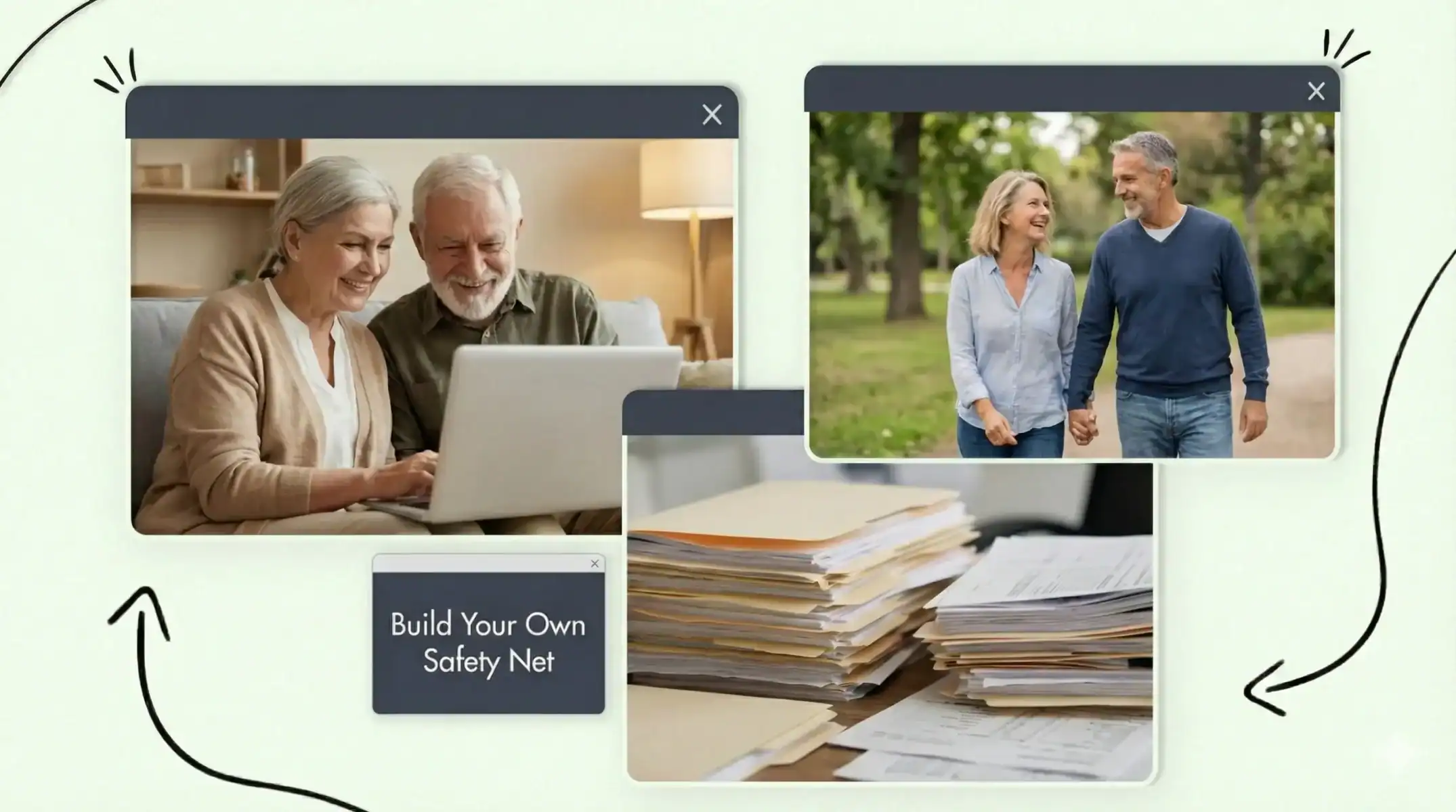 An older couple looking at a laptop, walking through the park, a stack of files and papers