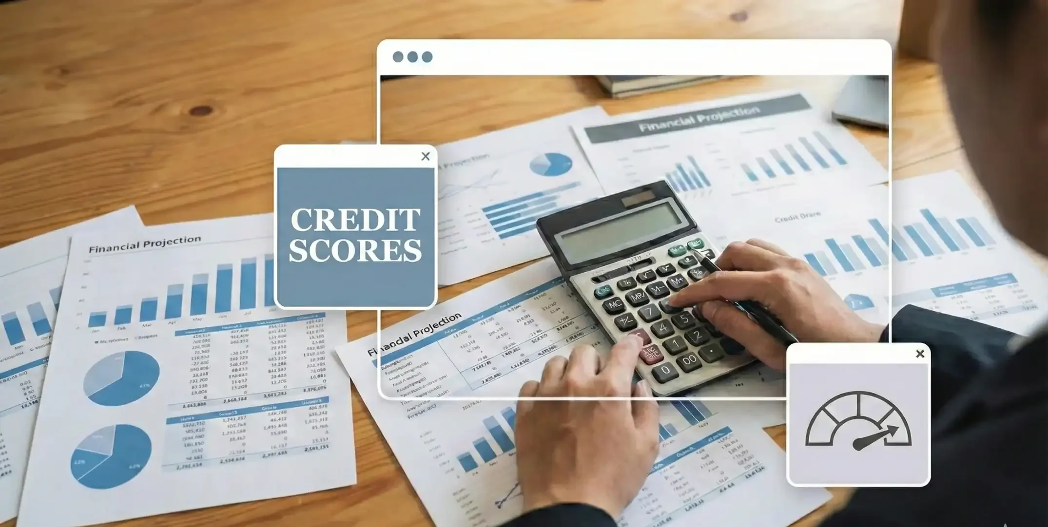 A man using a calculator, a desk covered in financial graphs and papers. Text reads "credit scores"