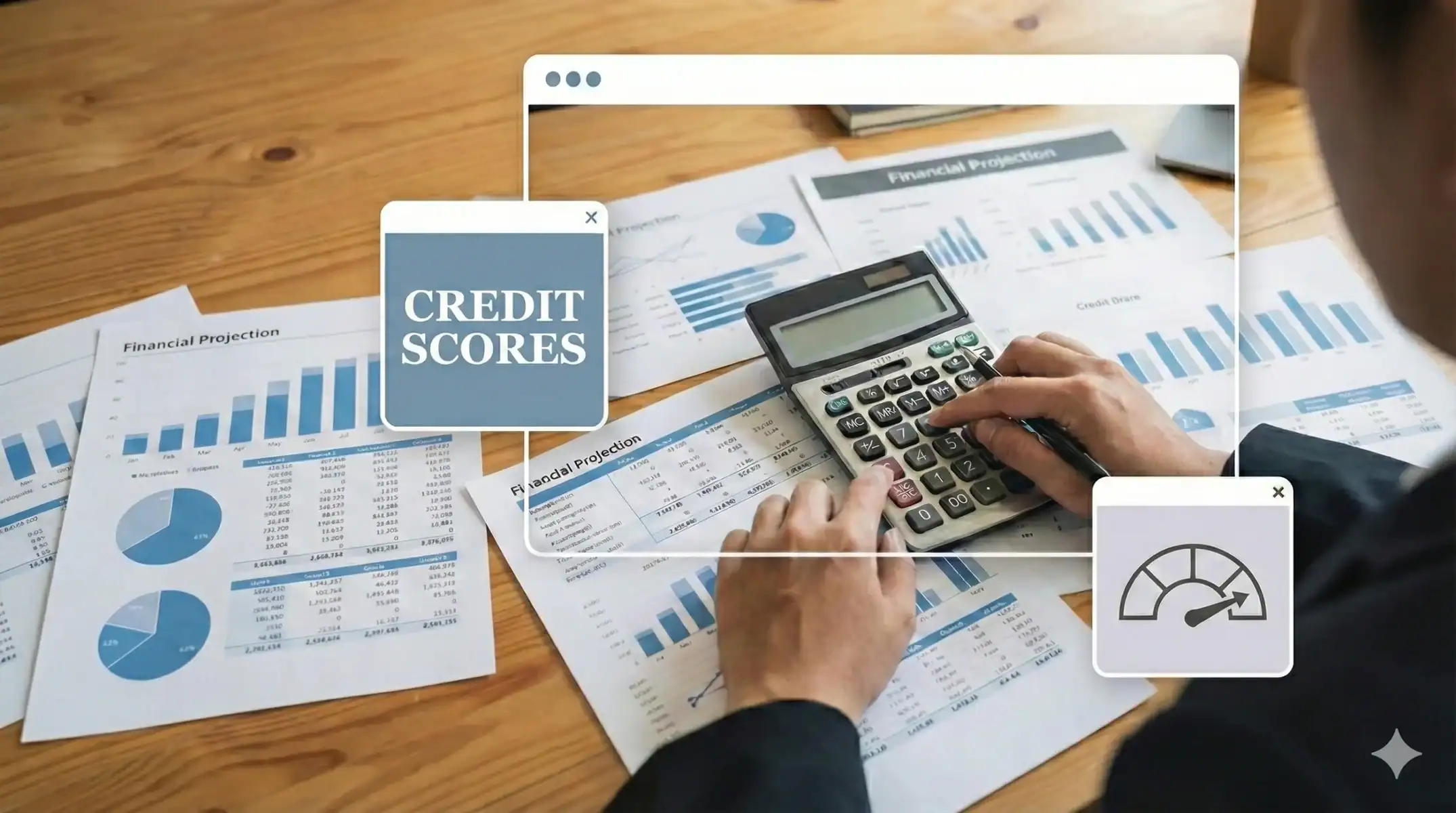A man using a calculator, a desk covered in financial graphs and papers. Text reads "credit scores"