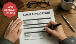 A birds-eye-view of two hands filing out a loan application. The text reads "Loan Approval Pending"