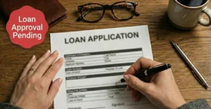 A birds-eye-view of two hands filing out a loan application. The text reads "Loan Approval Pending"