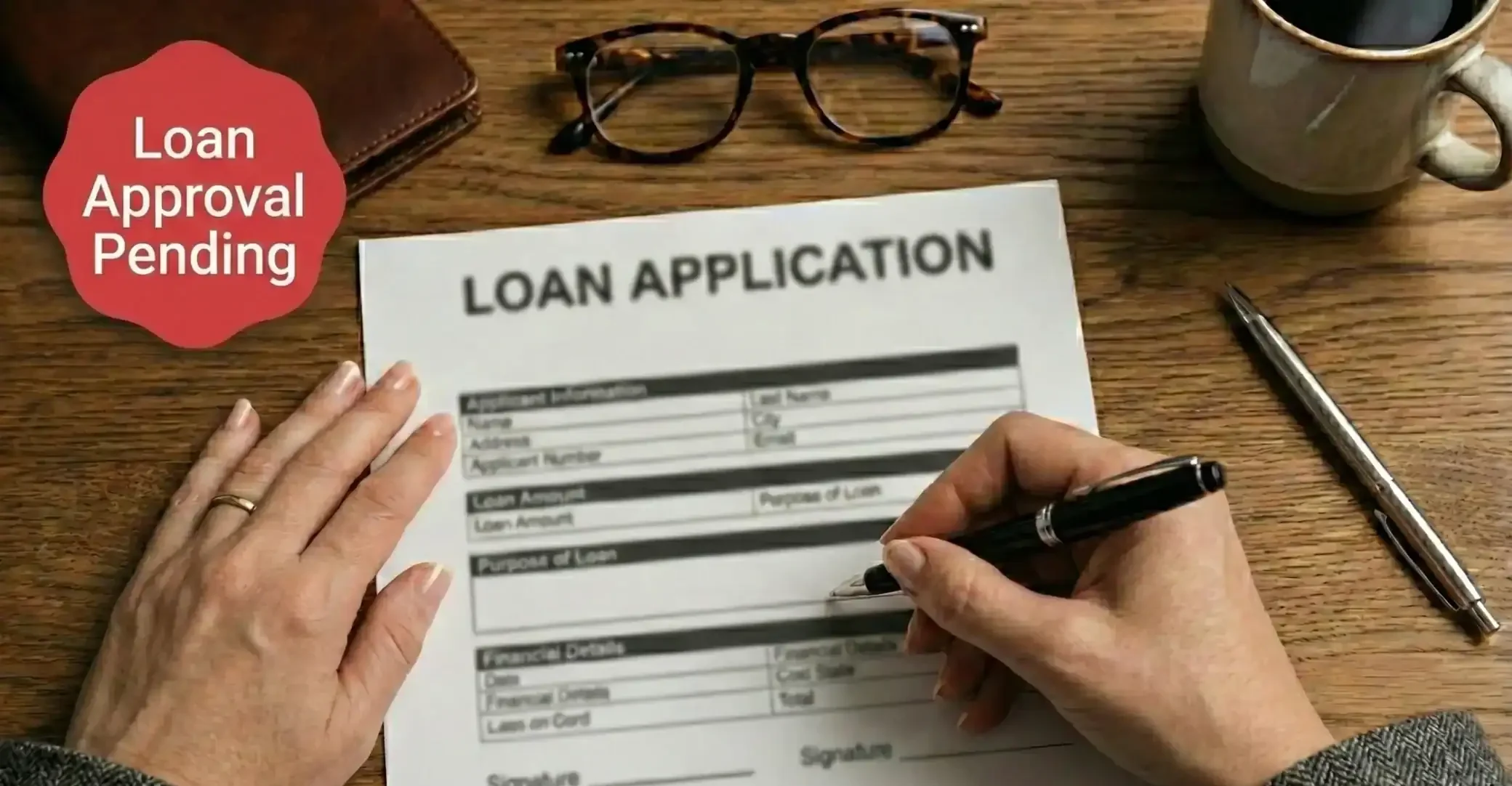 A birds-eye-view of two hands filing out a loan application. The text reads "Loan Approval Pending"