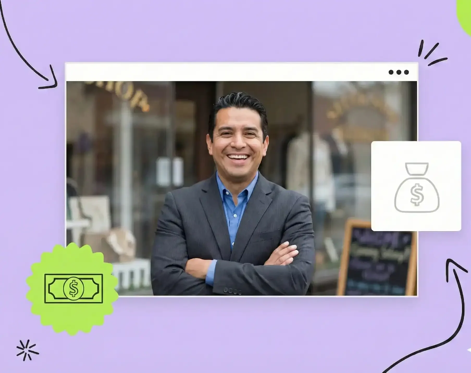 Business owner smiling and standing outside store front