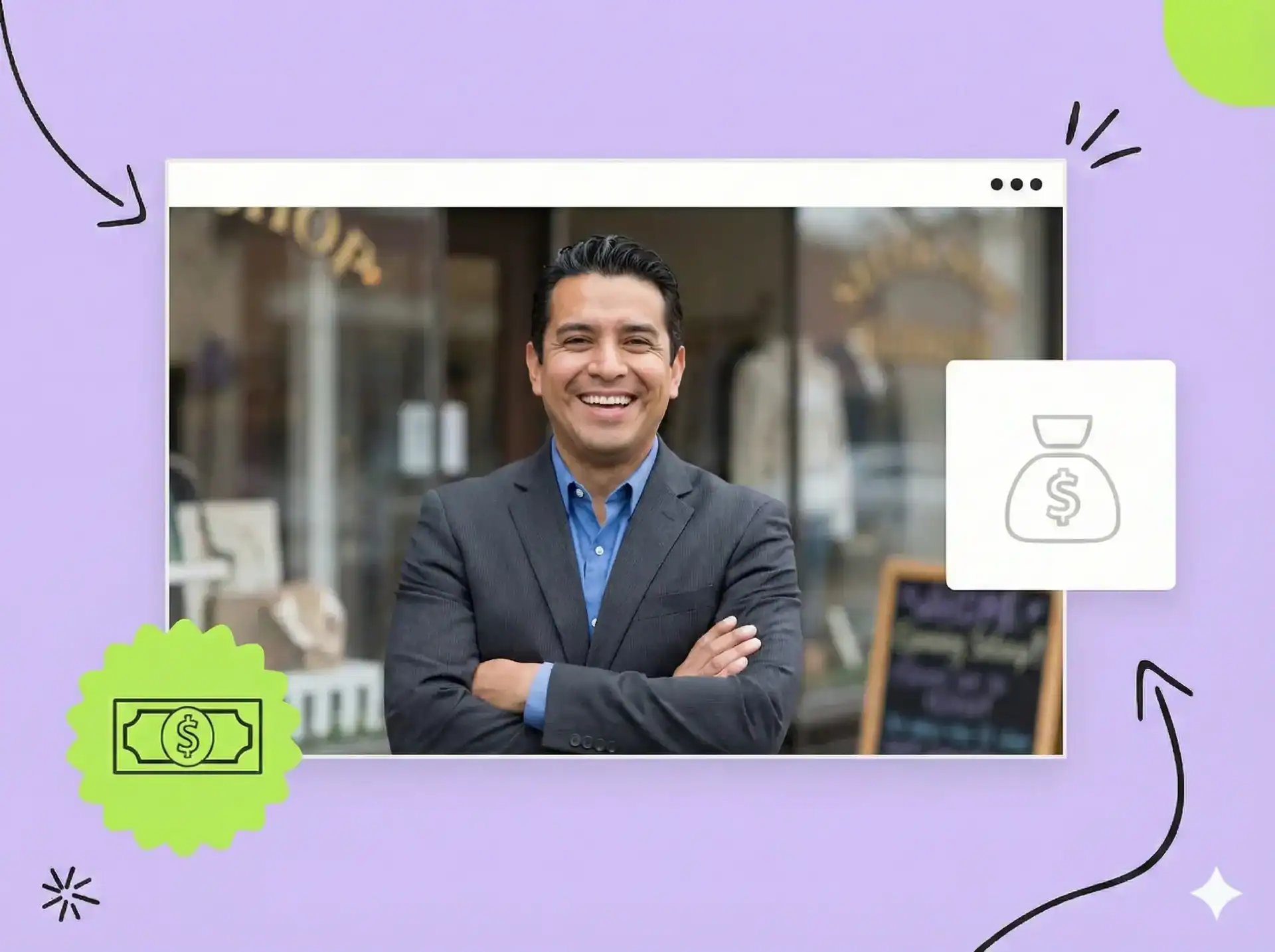 Business owner smiling and standing outside store front