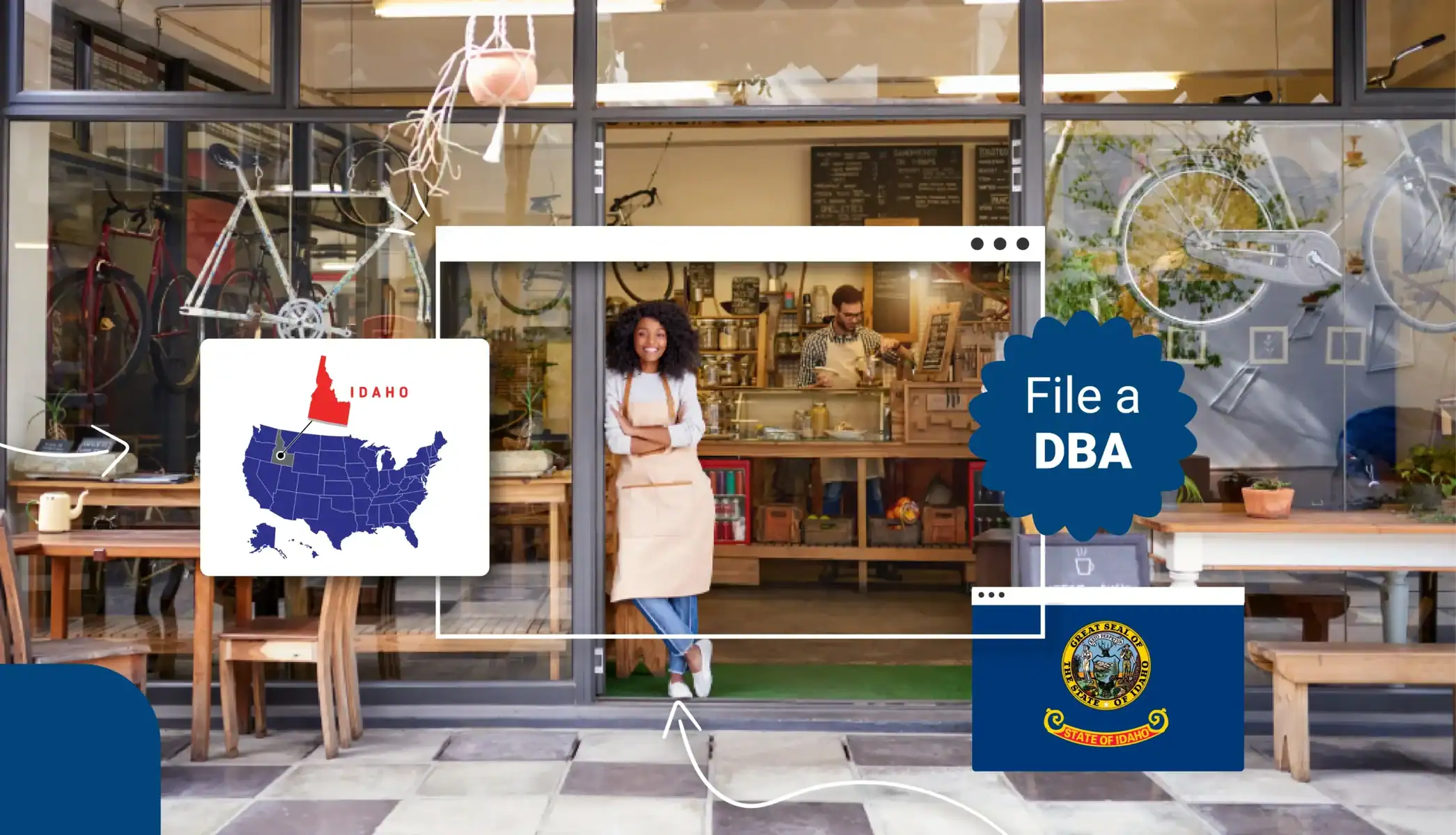 Small business owner standing against the door to a cafe in Idaho