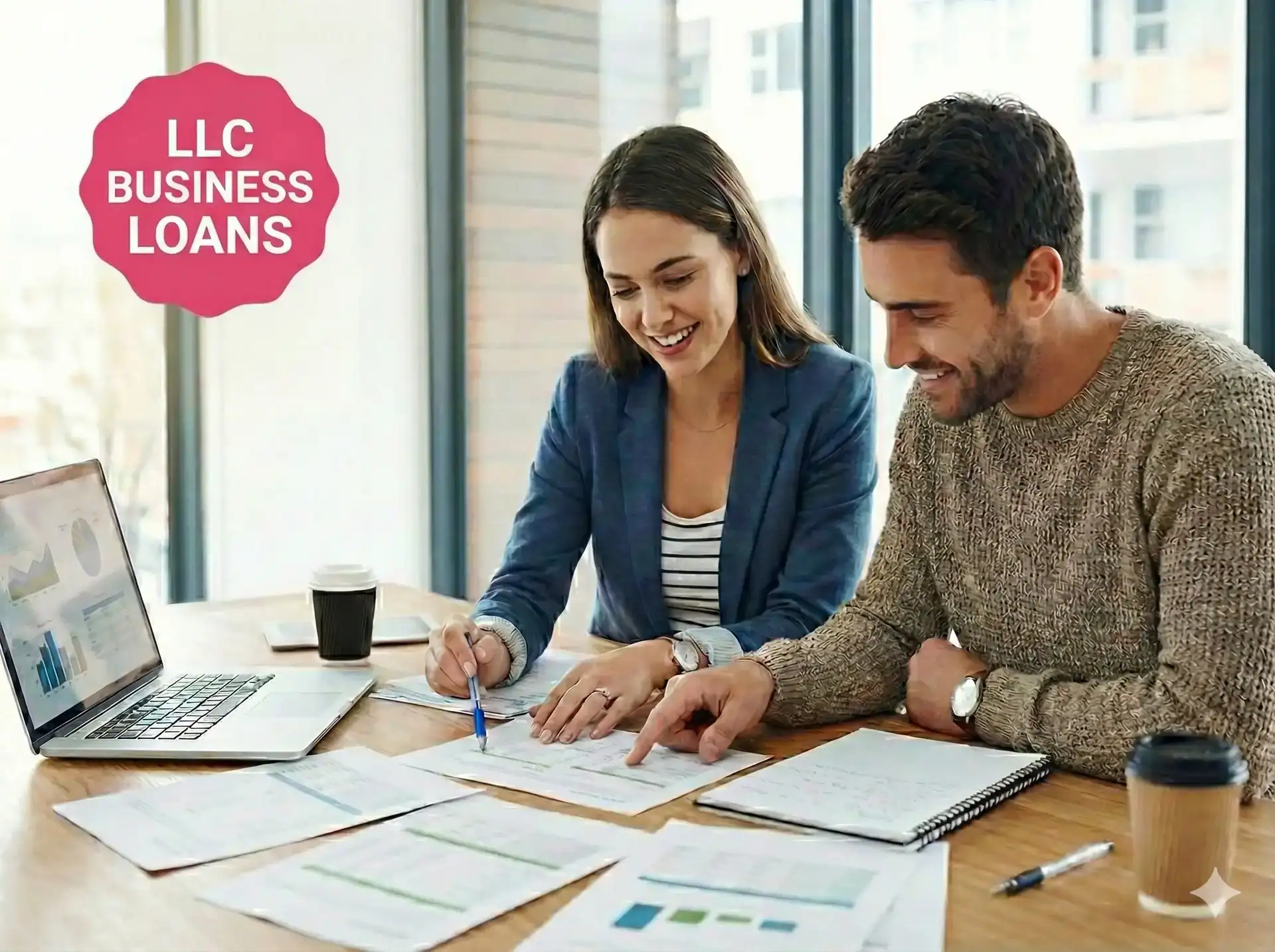 A man and a woman looking at papers on a desk. The text reads "LLC Business Loans"