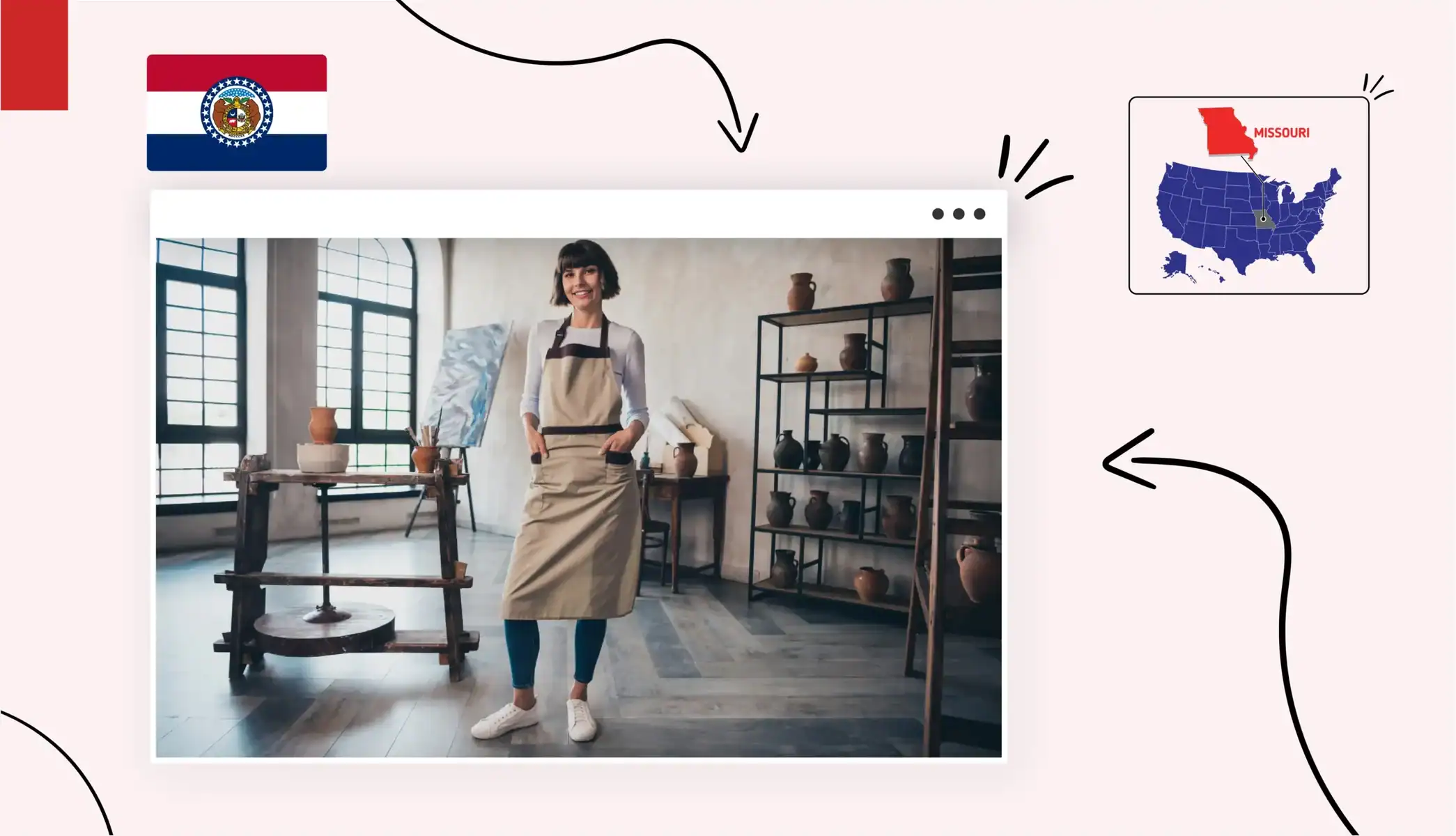 A women in an apron with an art studio behind her in Missouri