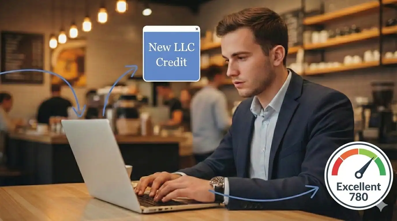 A man typing on a computer, image of credit score meter, text says "New LLC Credit"