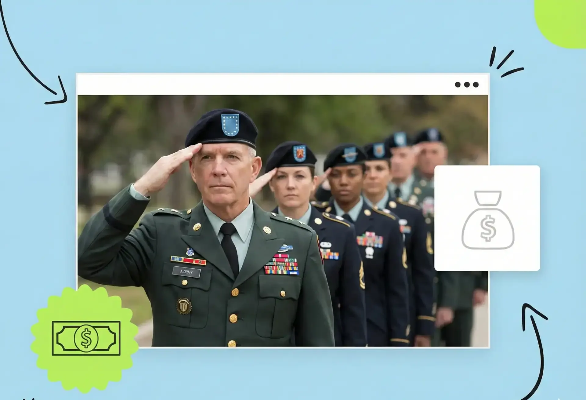 A line of veterans in uniform saluting