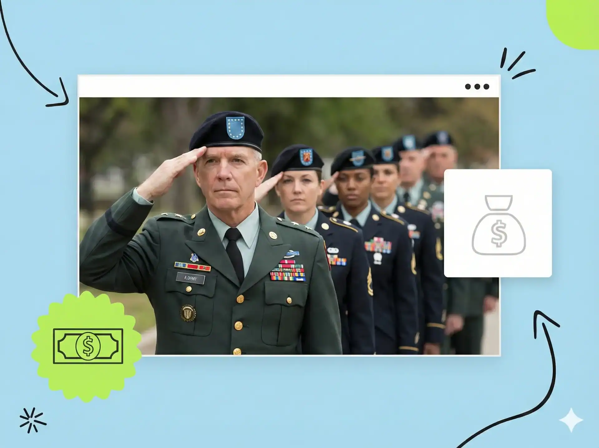 A line of veterans in uniform saluting