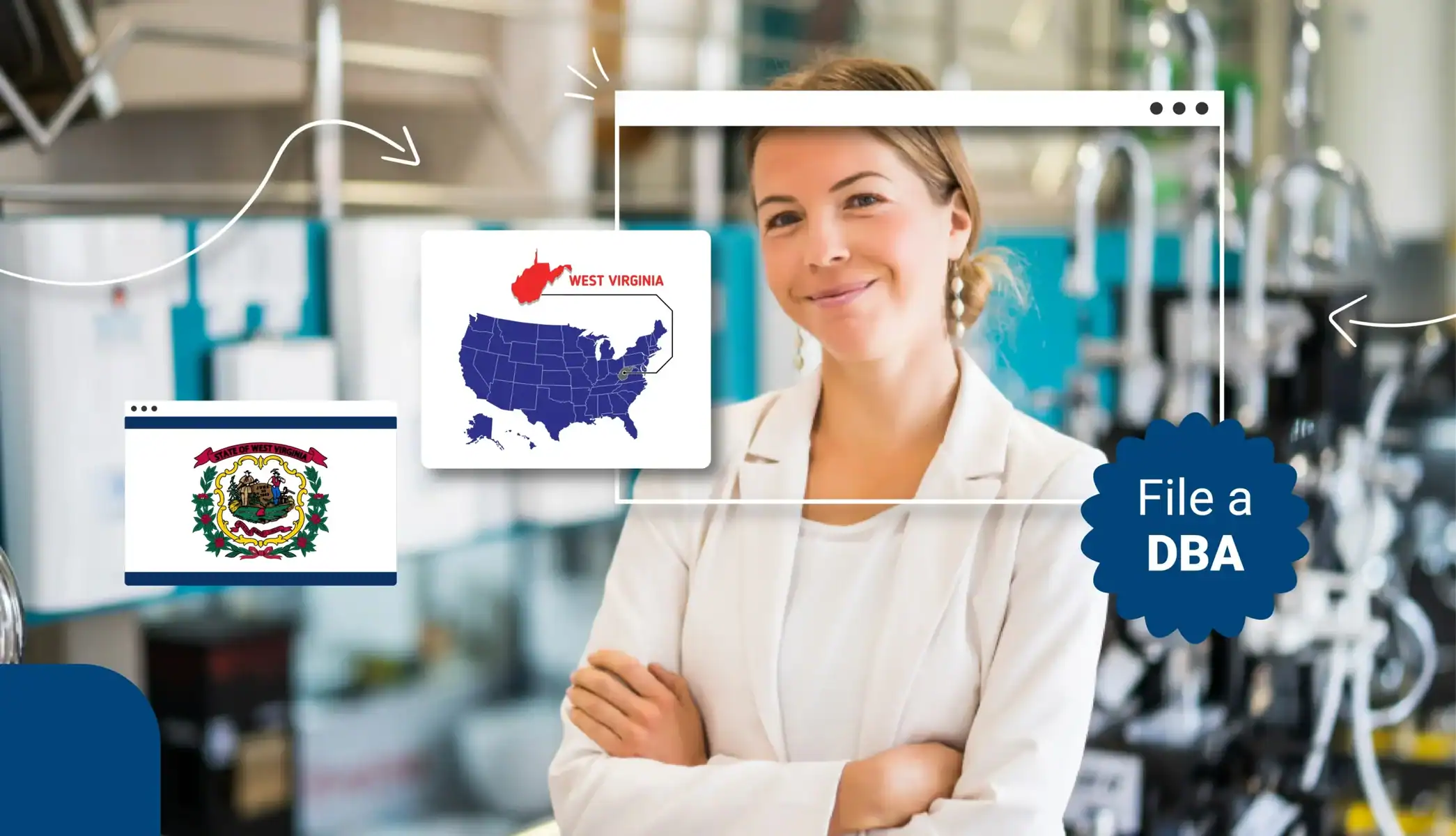 Small business owner standing with her arms crossed in a white pant suit in West Virginia
