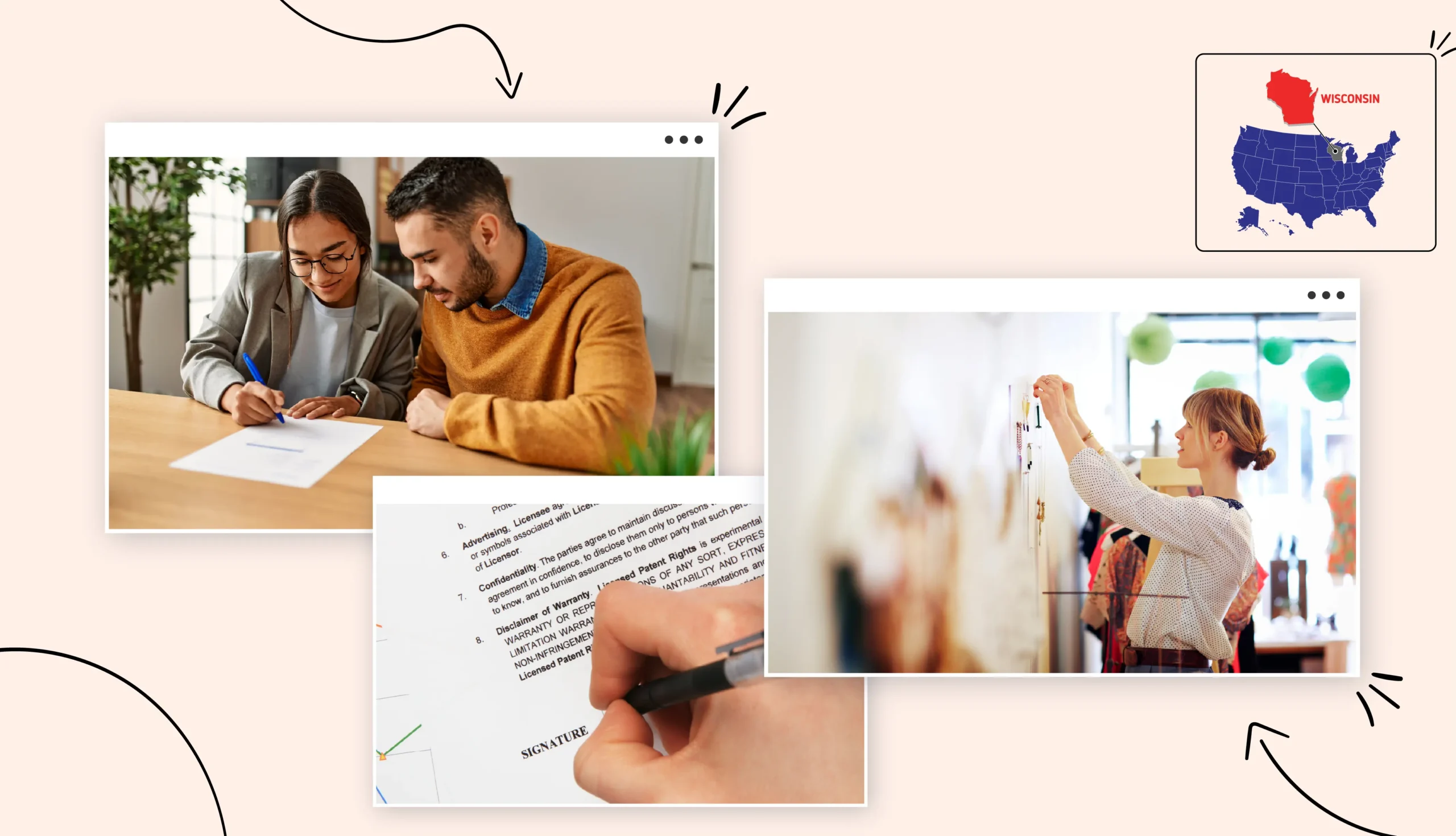 Small business owners looking at and signing documents in Wisconsin