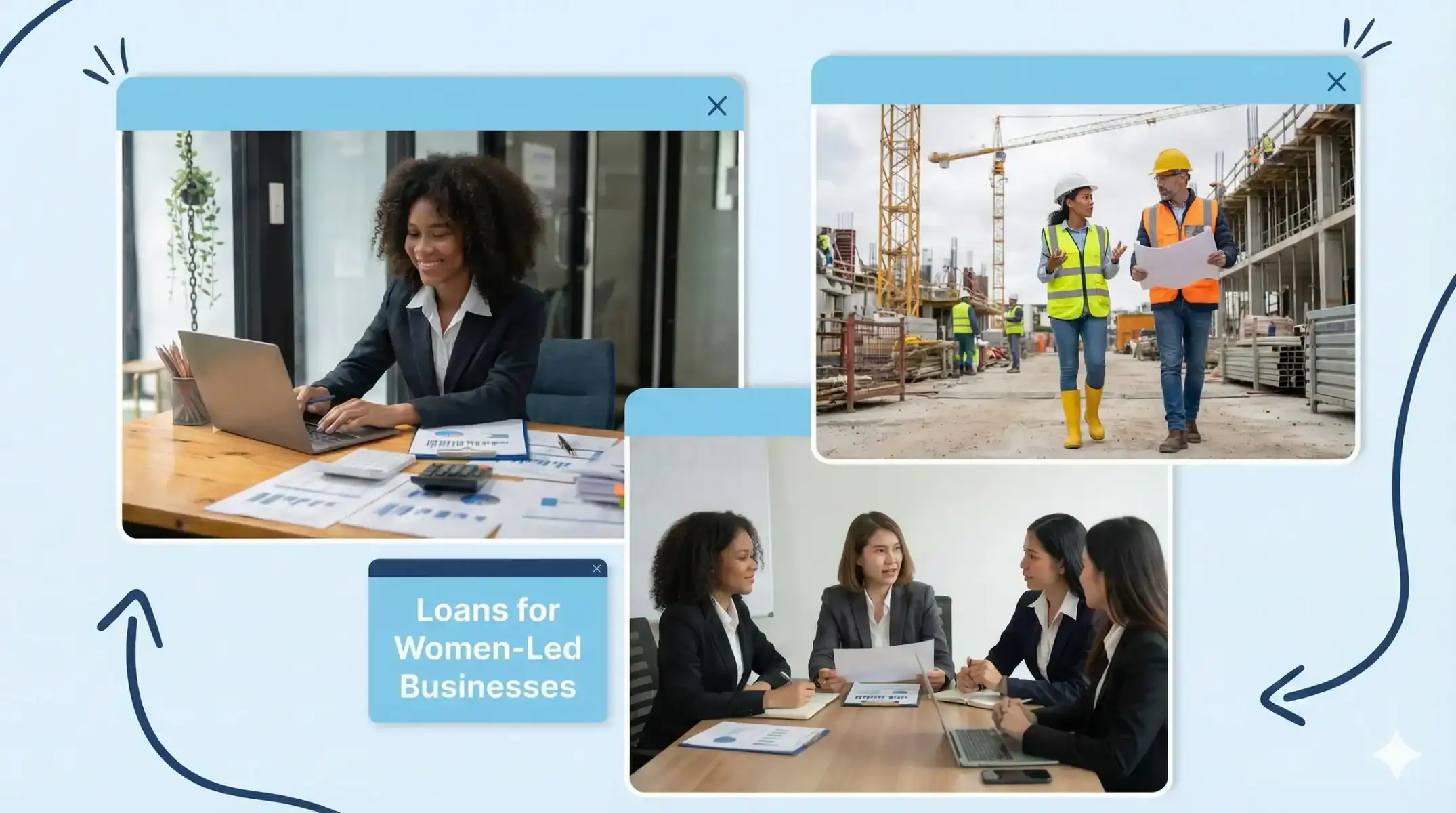A women typing on a laptop, a women and man walking through a construction site, a group of women sitting at a table