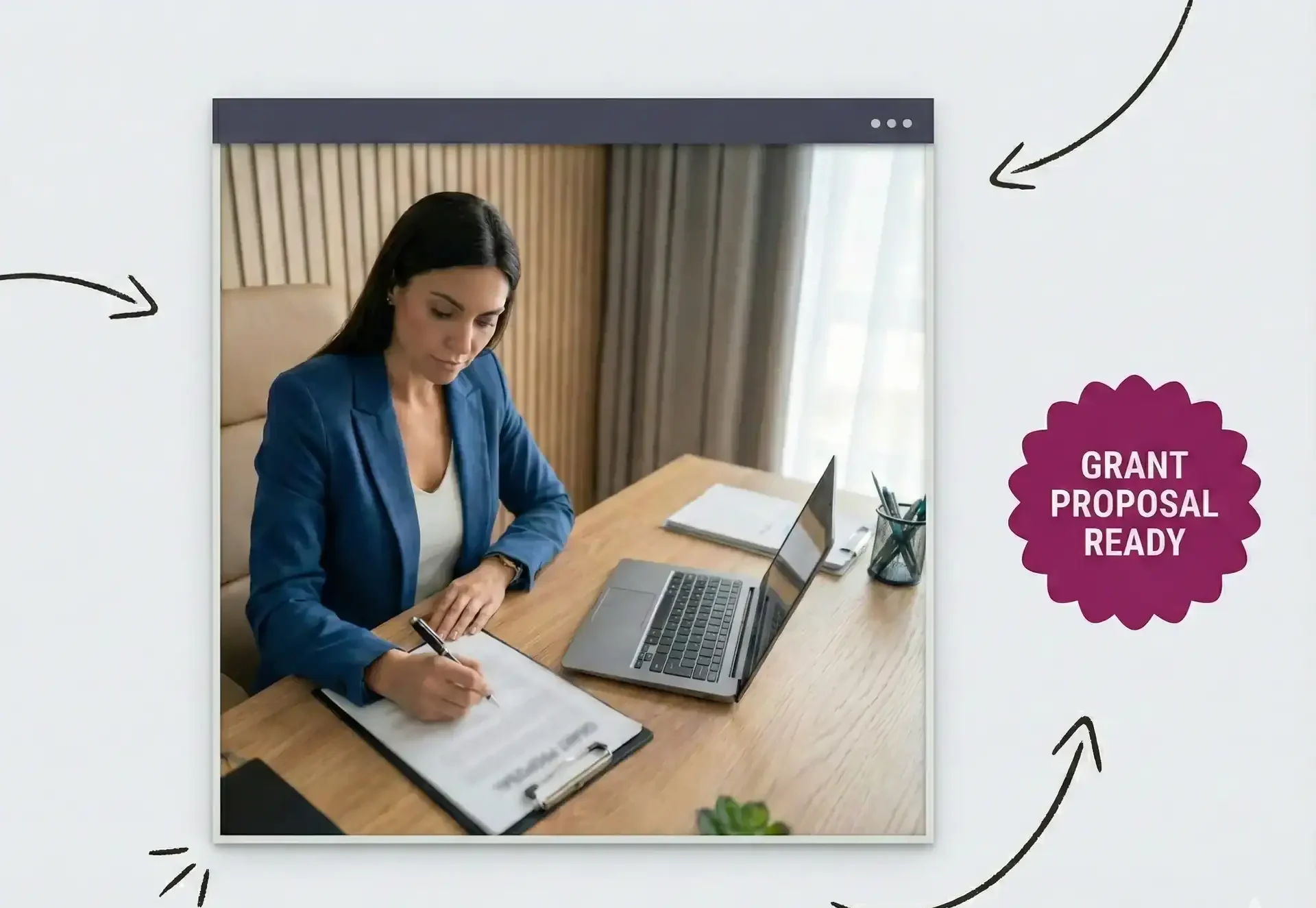A woman in a business suit writing a grant proposal