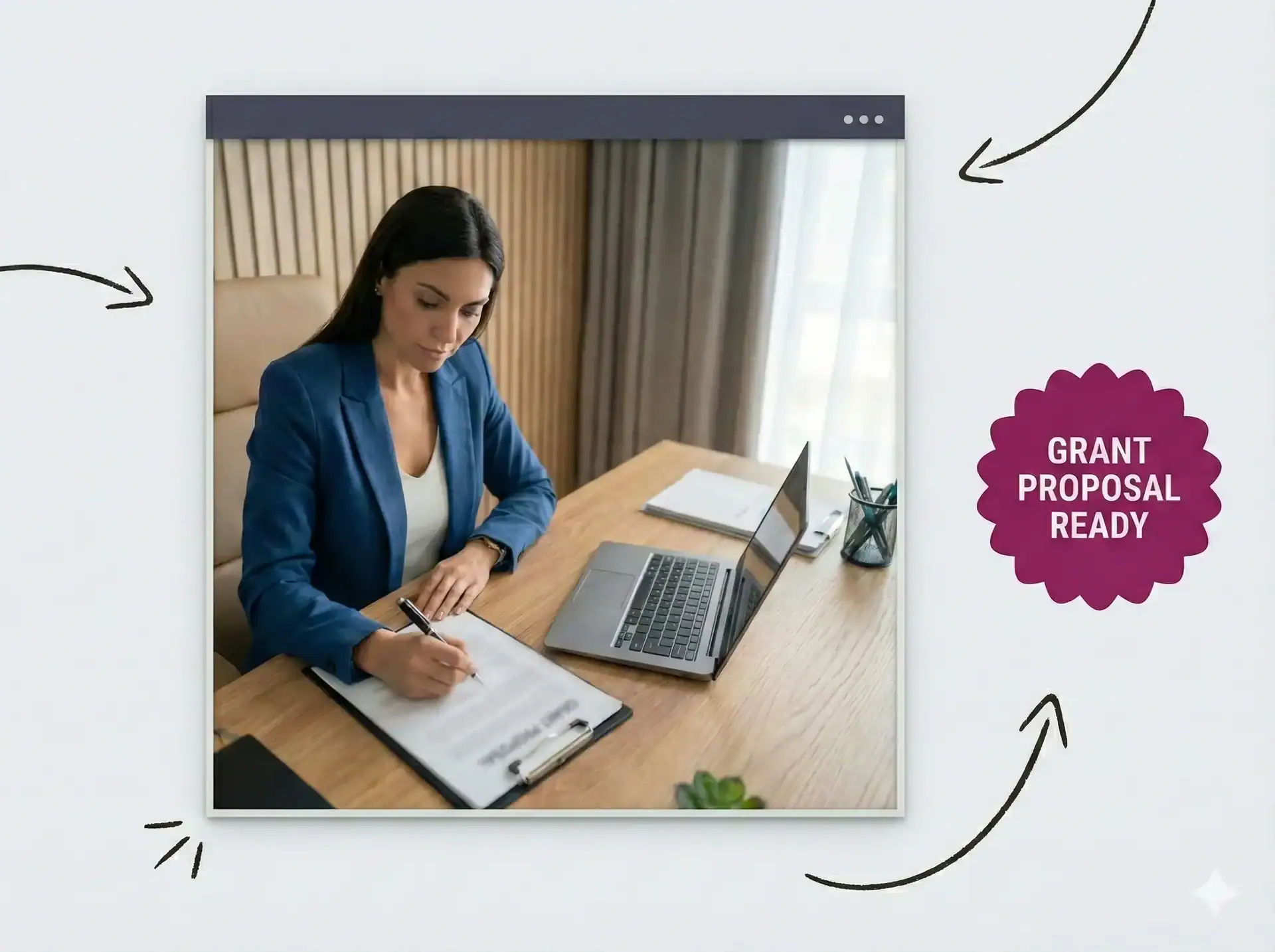 A woman in a business suit writing a grant proposal