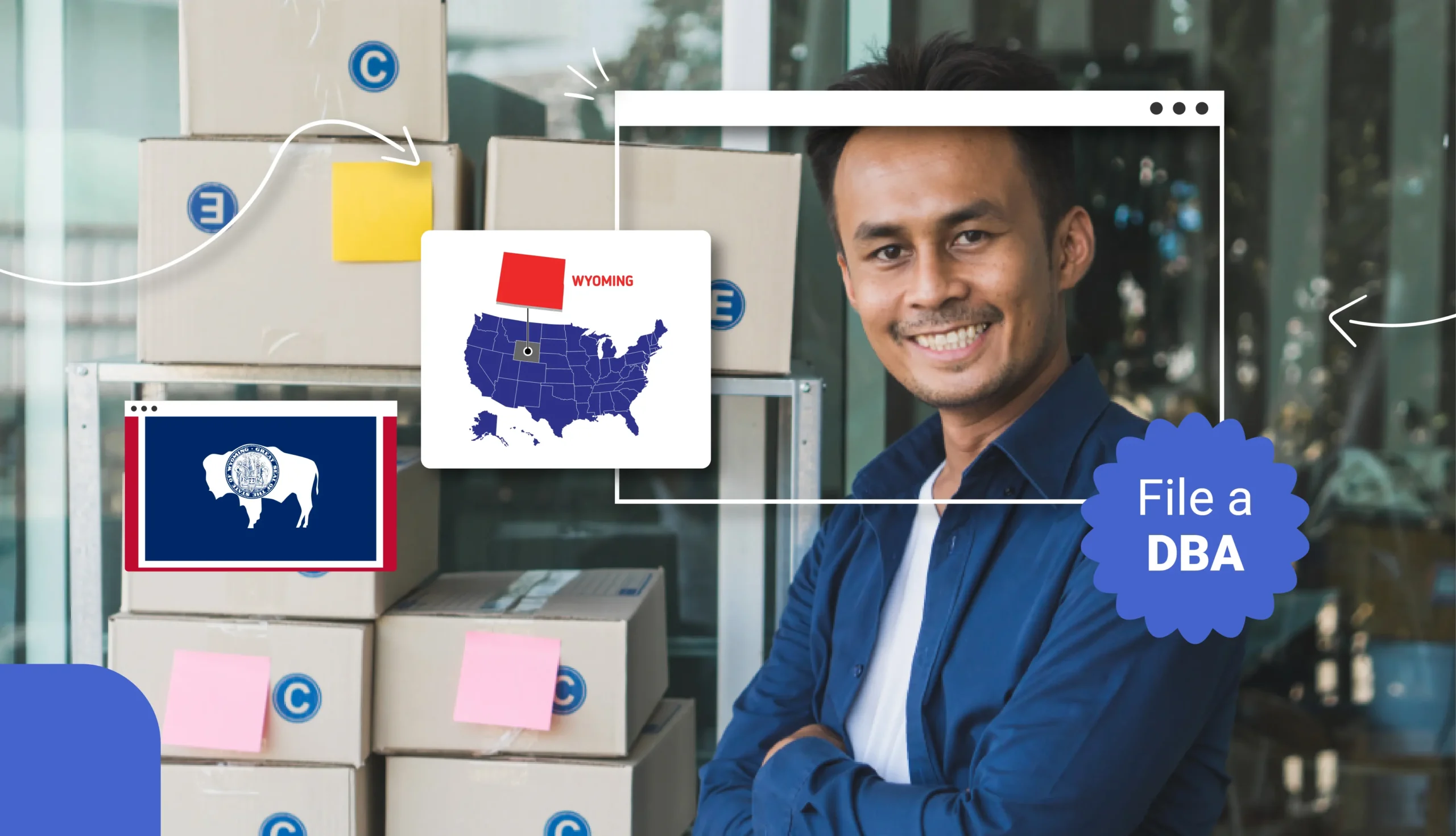 Small business owner standing in front of a pile of shipping boxes in Wyoming