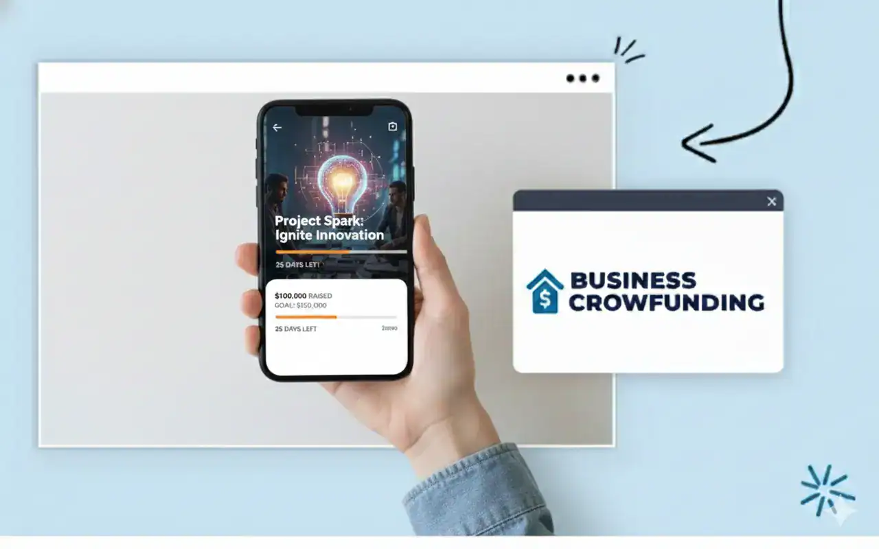 A hand holding a phone that has a crowdfunding campaign Text reads "Business Crowdfunding"