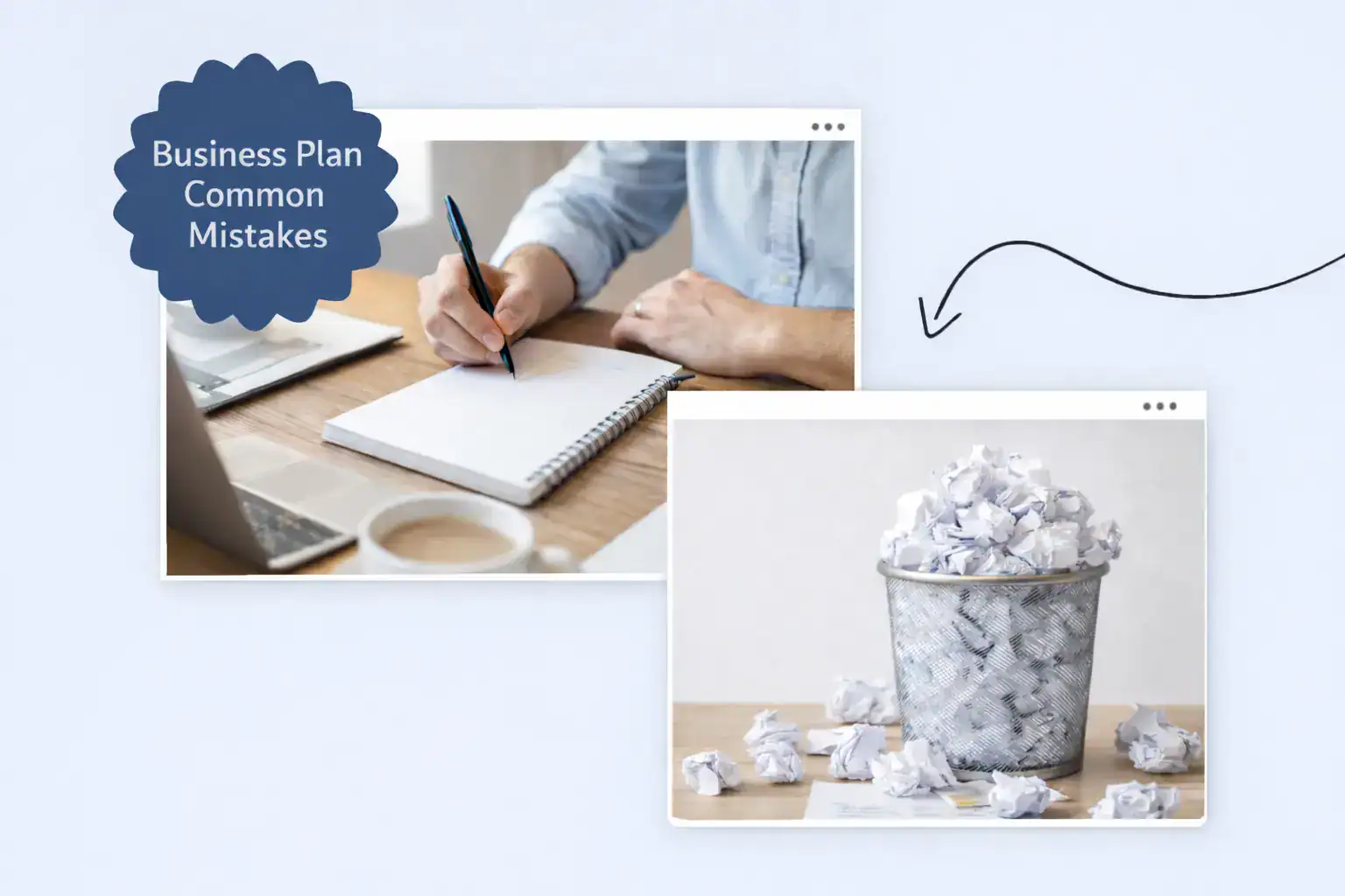 A person writing in a notebook A garbage can filled with crumpled papers