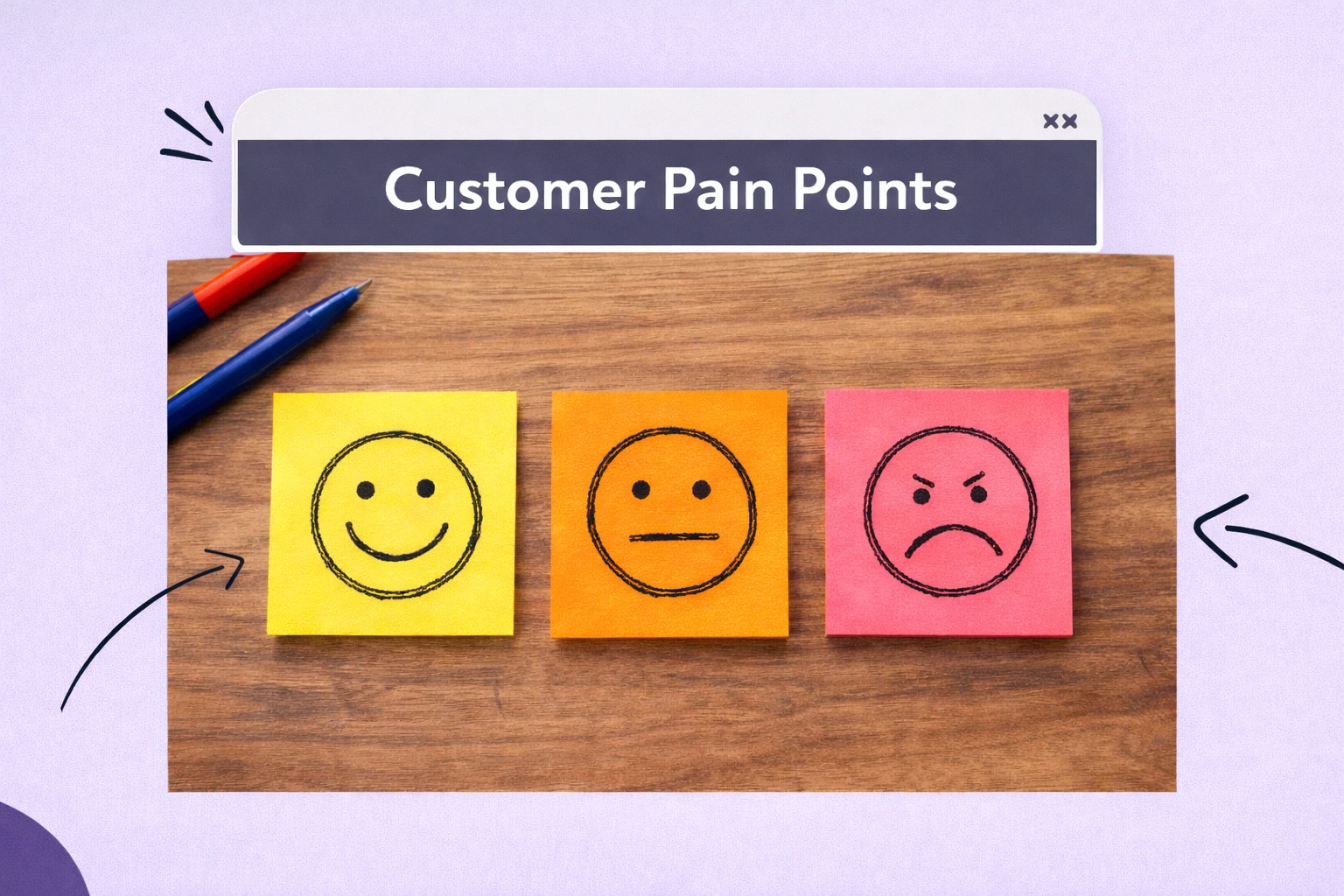 Three sticky notes on a desk showing three classic smiley faces: one is smiling, one is neutral and one is sad