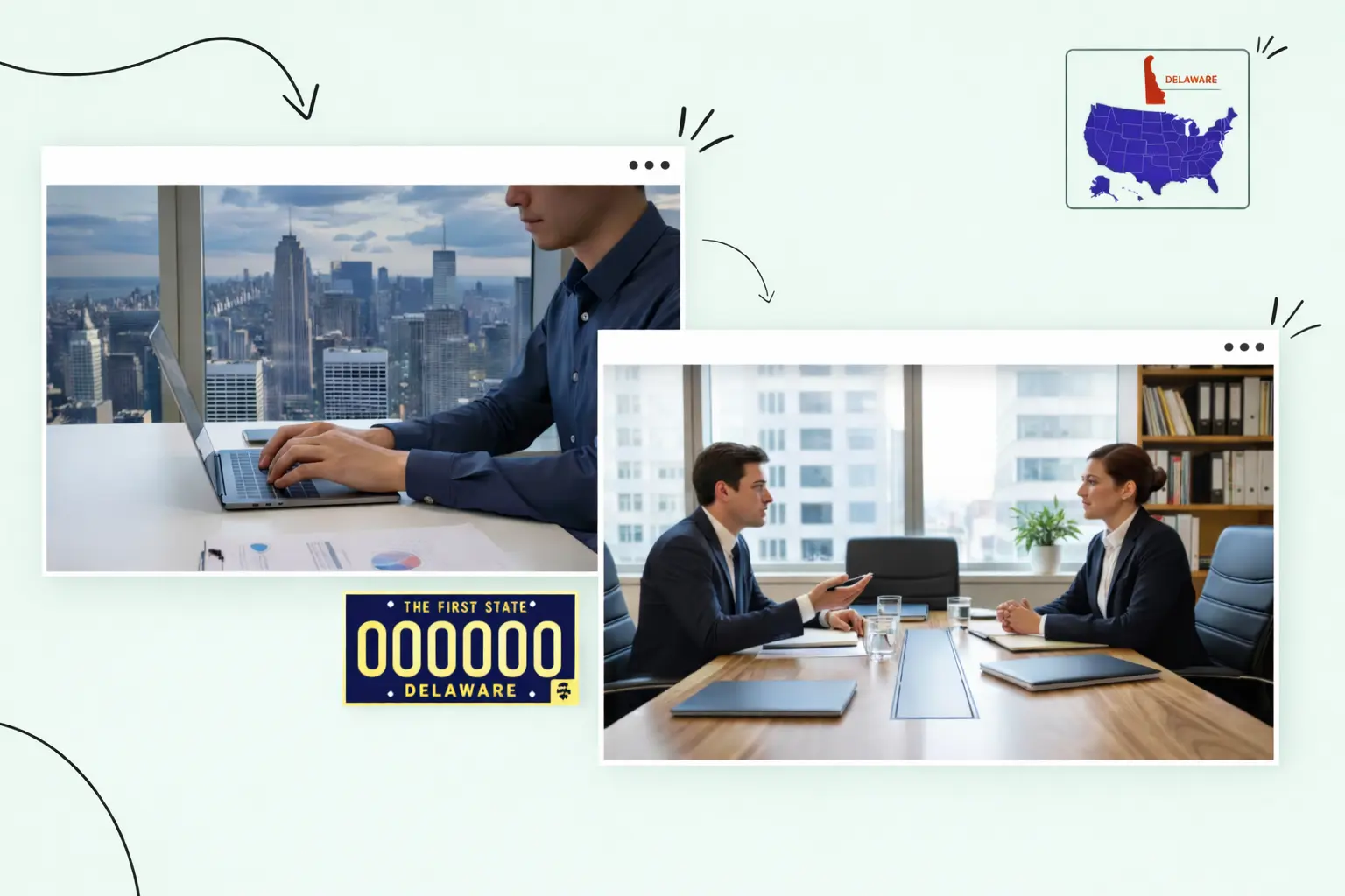 A person typing on a laptop, two people sitting down at an office desk, Delaware state map and license plate