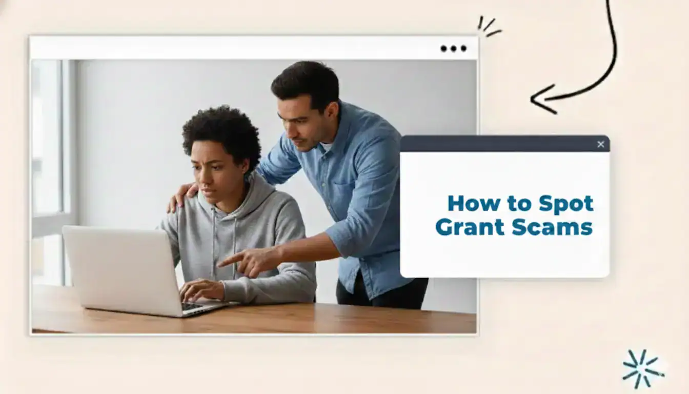 Two people looking at a laptop with a concerned look on their faces text reads "how to spot grant scams"