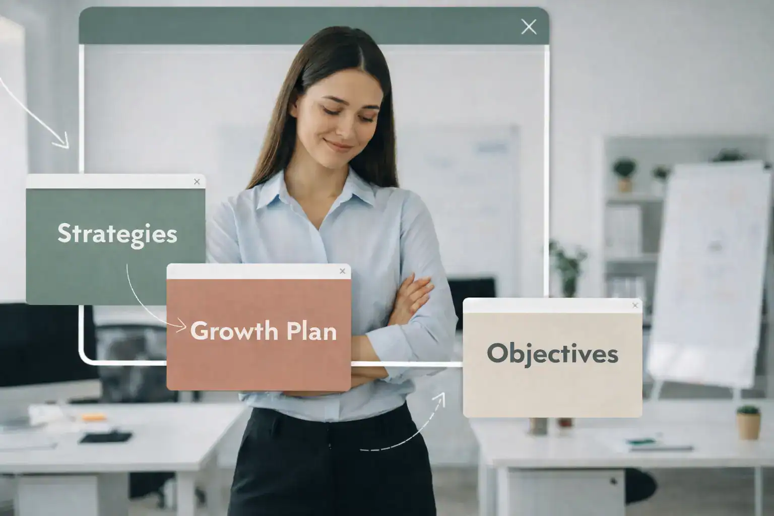 A woman in a business outfit smiling with her arms crossed with a business setting behind her