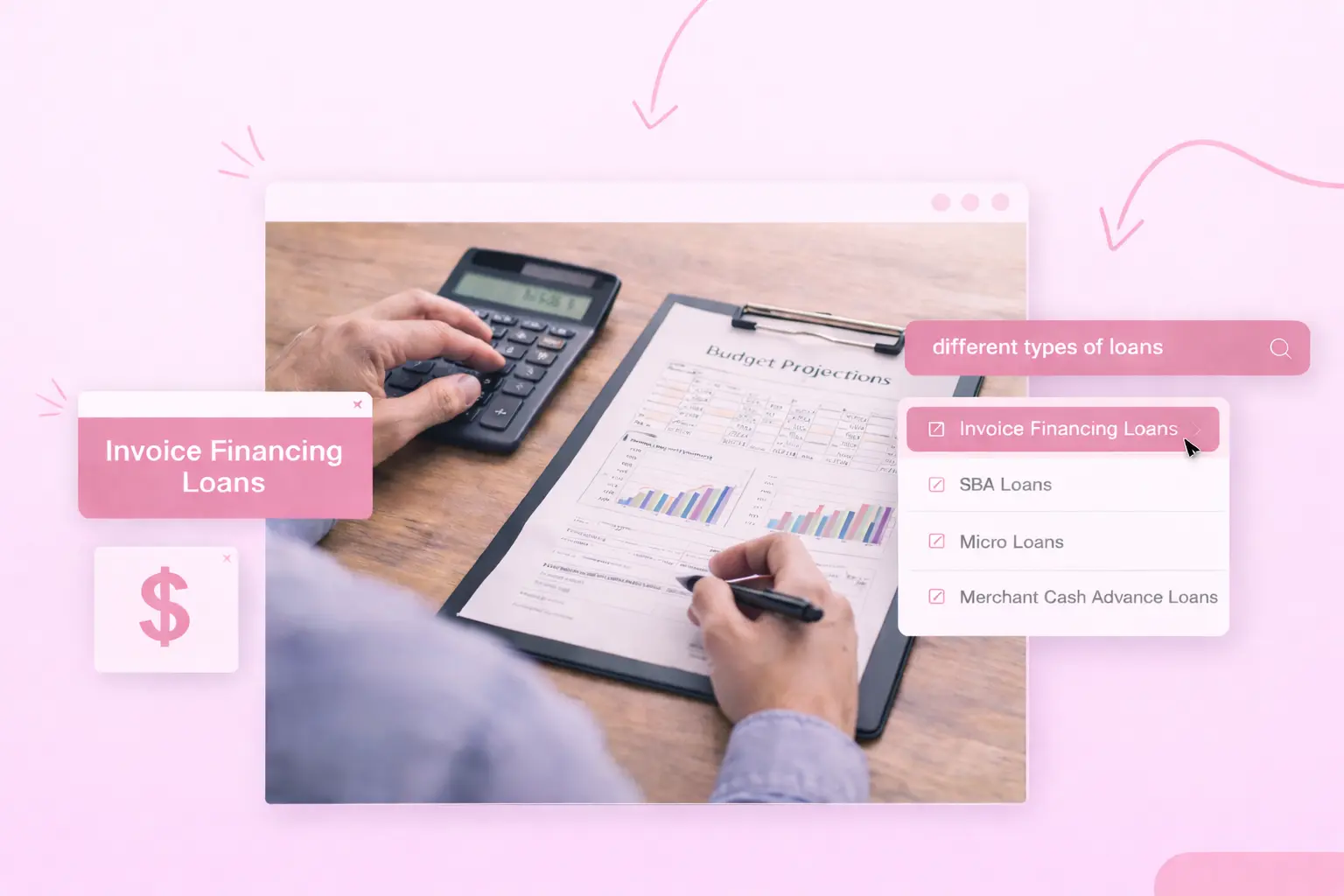 A person using a calculator and a sheet about budget projections. Text reads "Invoice Financing Loans"