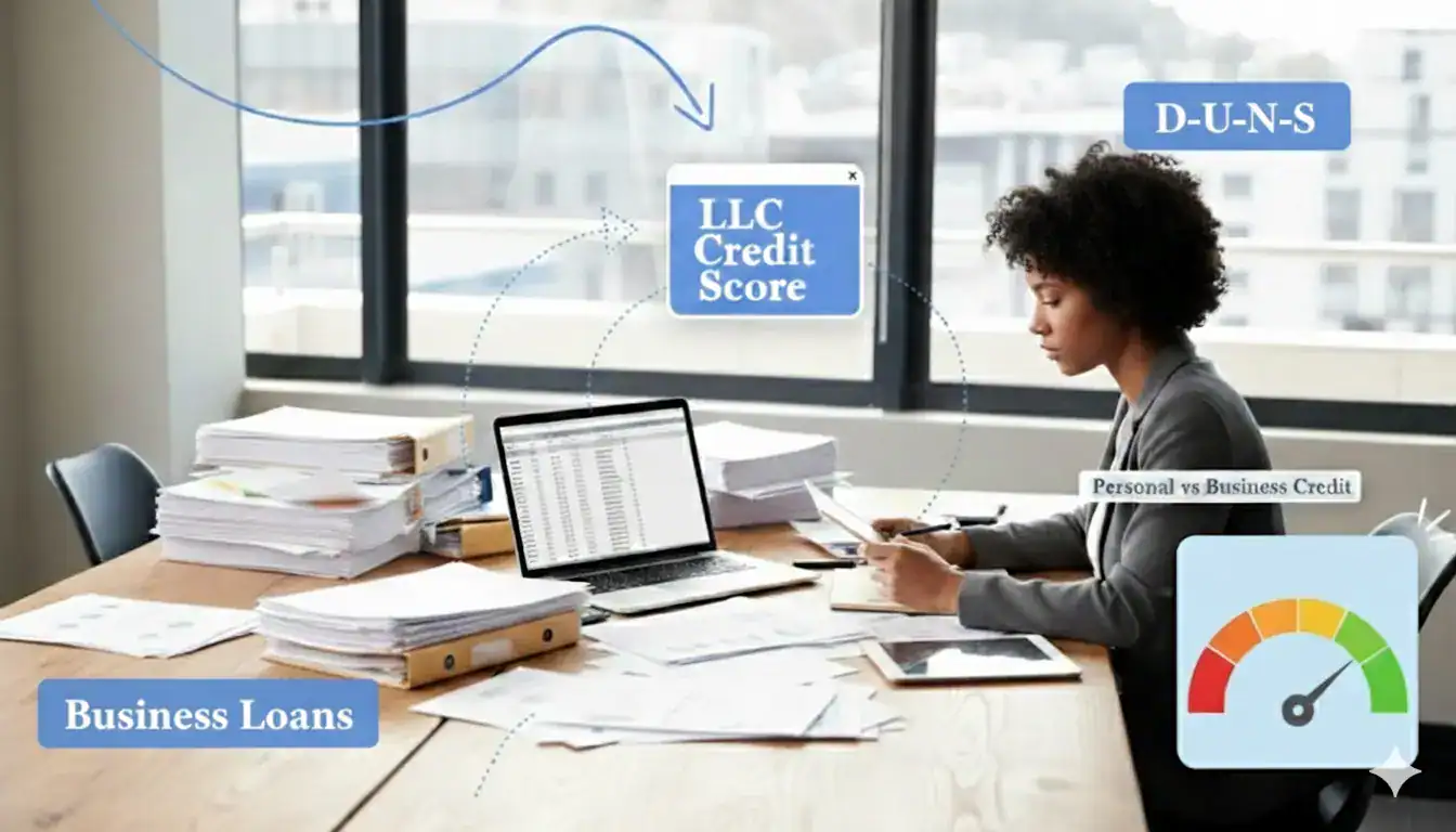 A woman sitting at a desk covered in papers and a laptop. Text reads "LLC Credit Score" "D-U-N-S" "personal vs business credit" "business loans" and there is a meter showing the colours red, orange and green symbolizing credit score