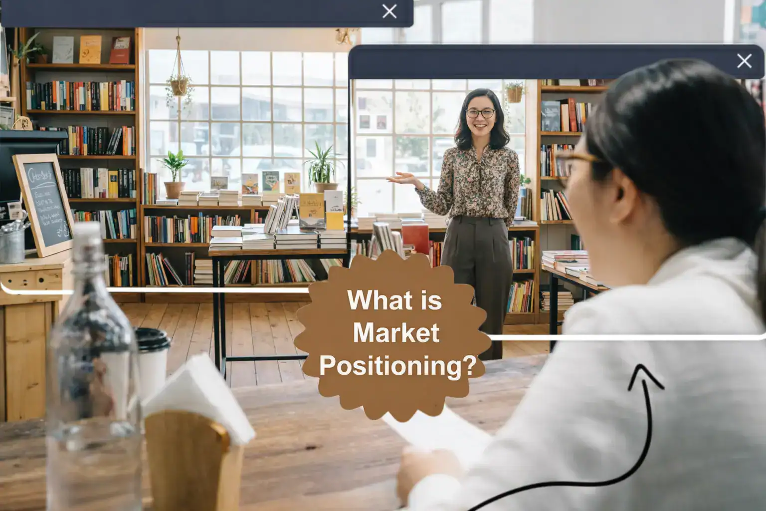 Two women talking in a small business shop, text reads "what is market positioning?"