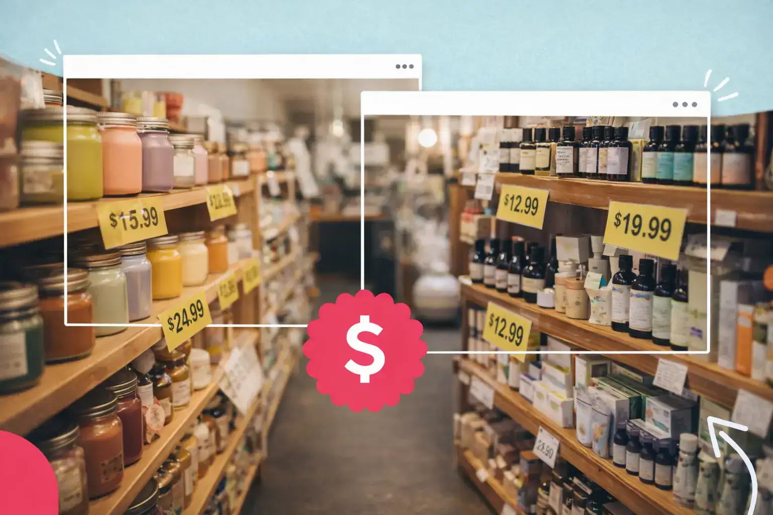 Aisles of a small shop selling candles and essential oils. The prices of the products are clearly visible on the shelves.