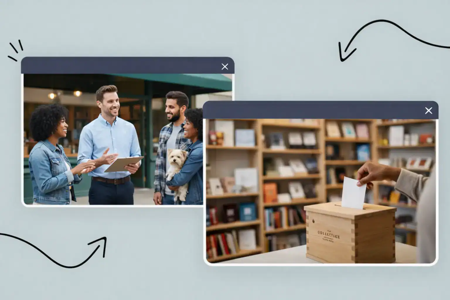 A man talking to a group of people outside of a store A hand putting a piece of paper into a survey box